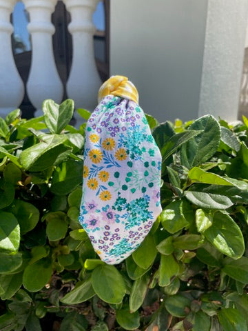 Spring flowers / yellow gingham knot headband