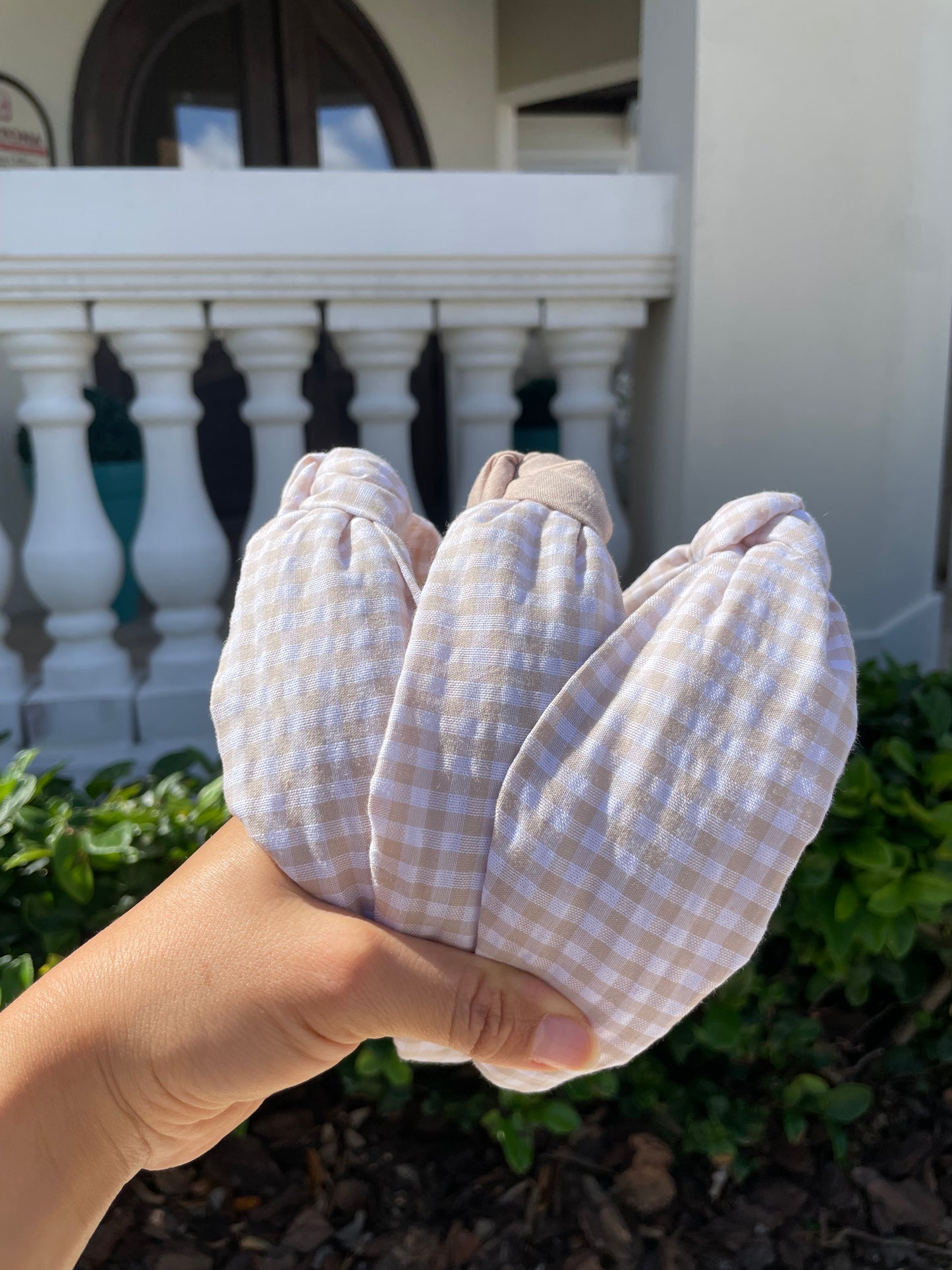 Pastel brown gingham headbands
