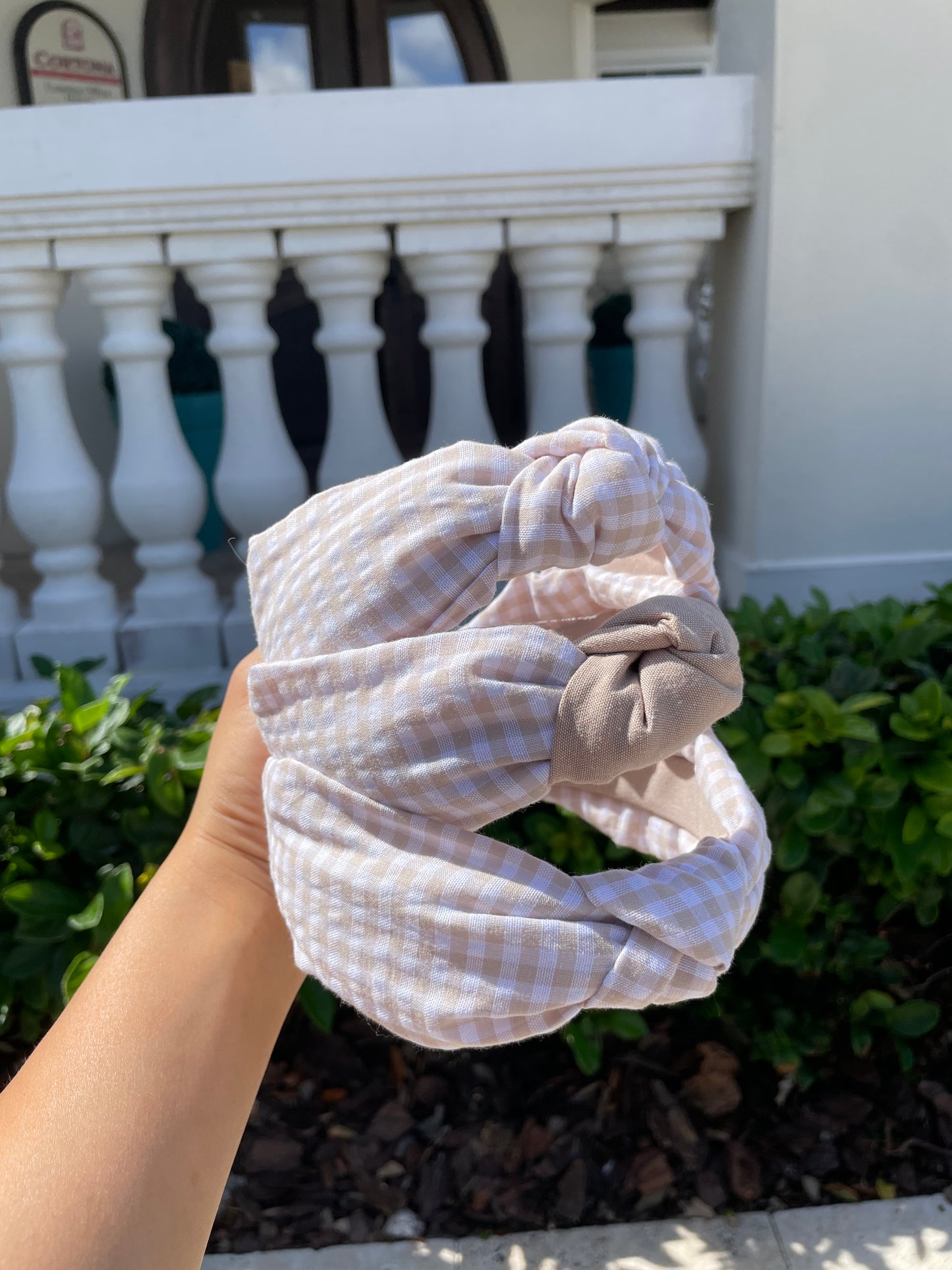 Pastel brown gingham headbands