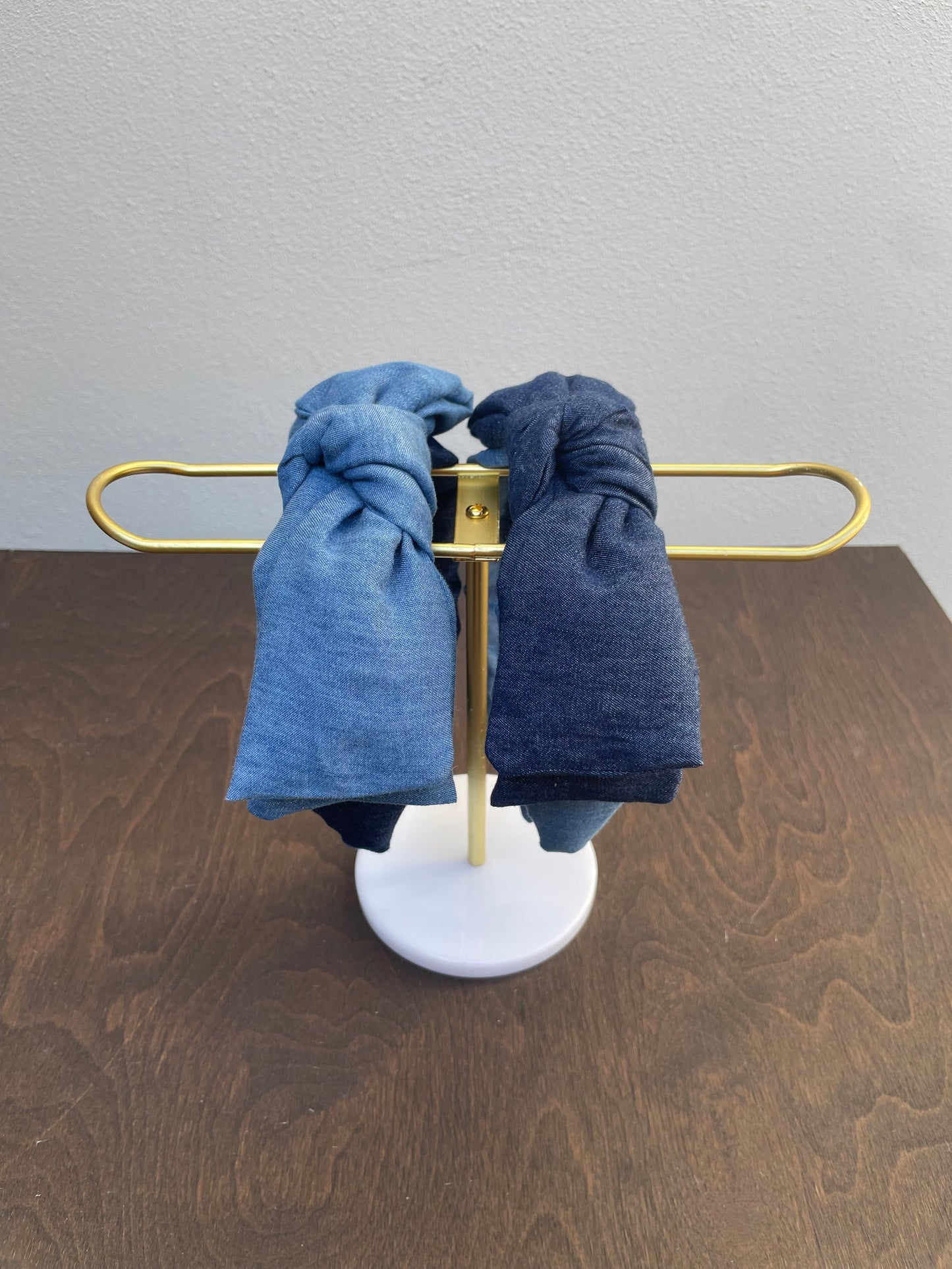 Denim on denim twisted bow headband