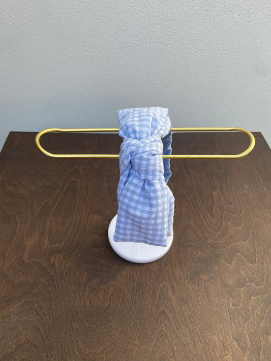 Baby blue gingham twisted bow headband
