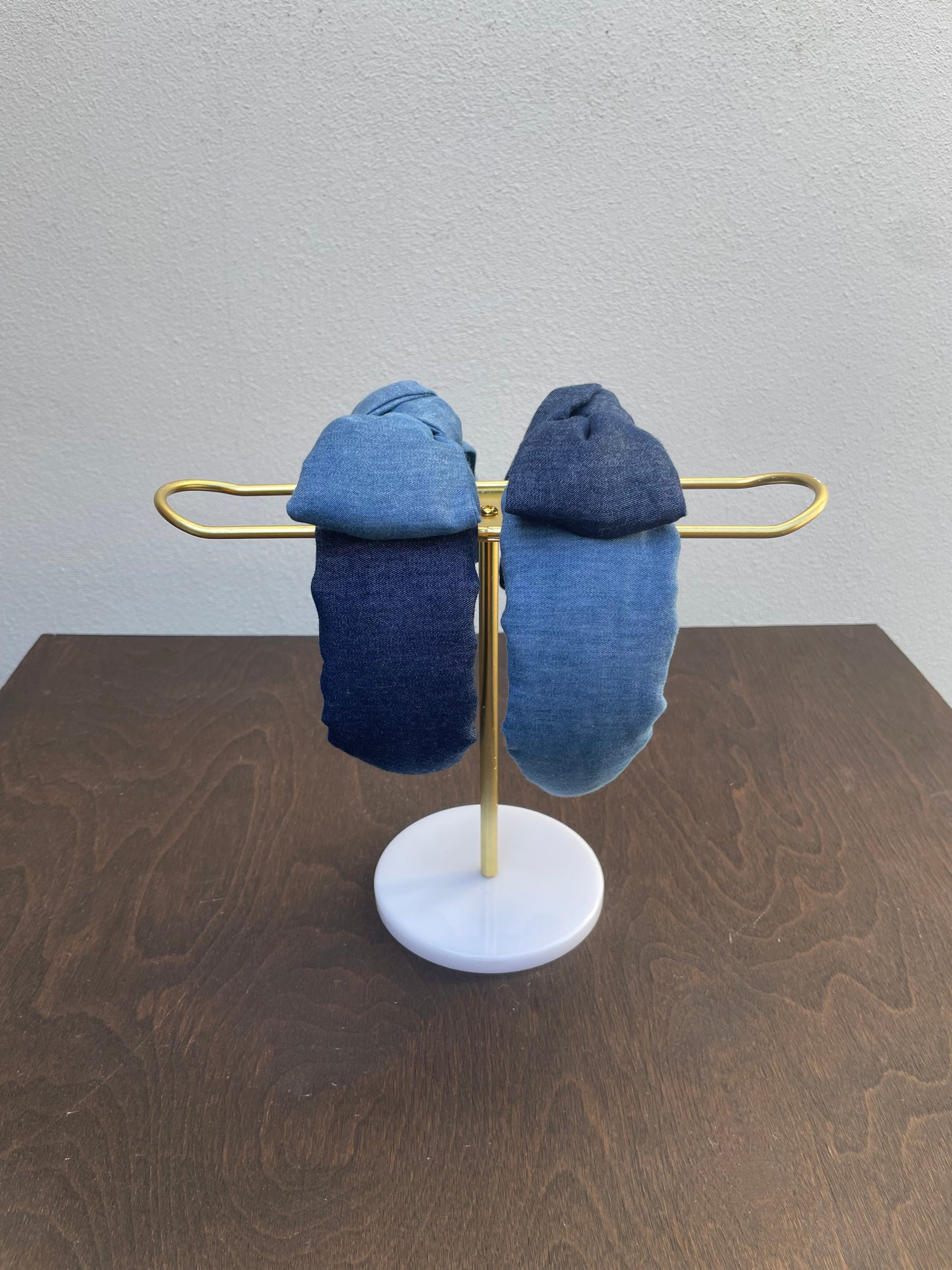 Denim on denim twisted bow headband