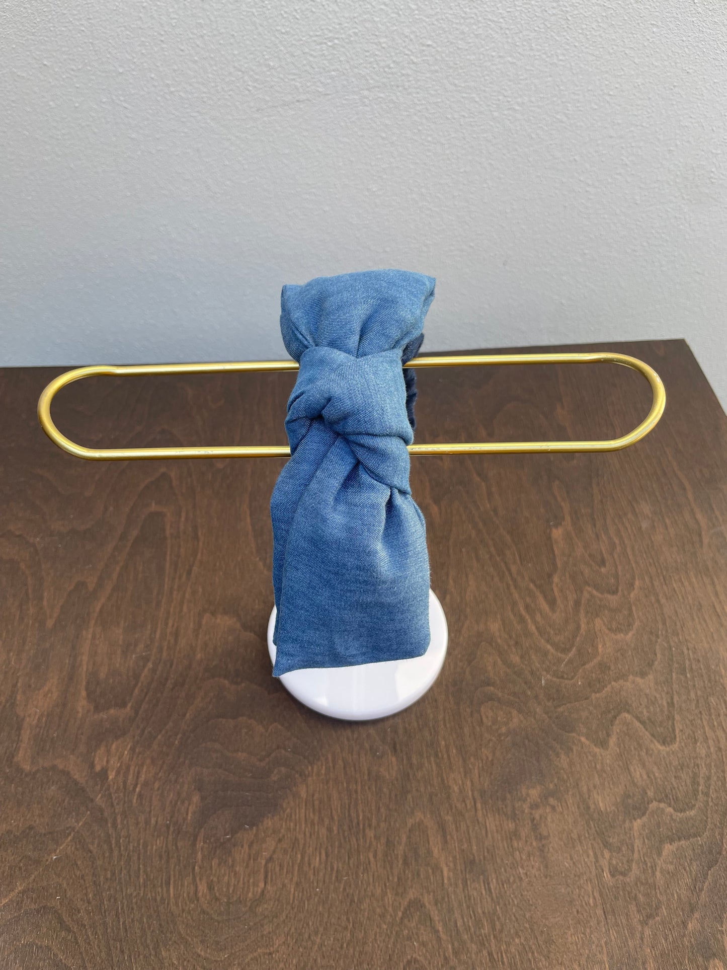 Denim on denim twisted bow headband